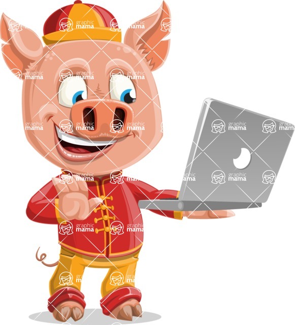 Year of the Pig Character - Vector Pig Cartoon - Year of the Pig Vector Character holding a Laptop